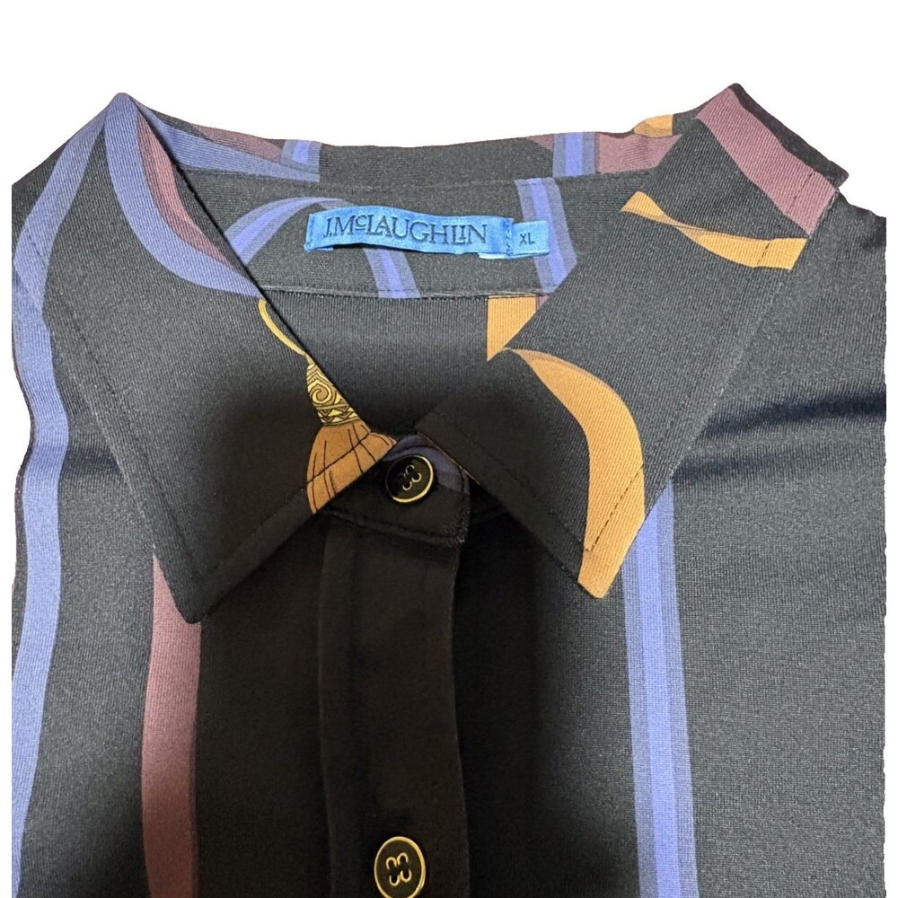 J. McLaughlin Women's Equestrian Chain Button-down Shirt Black Blouse Top Sz XL - Picture 2 of 7